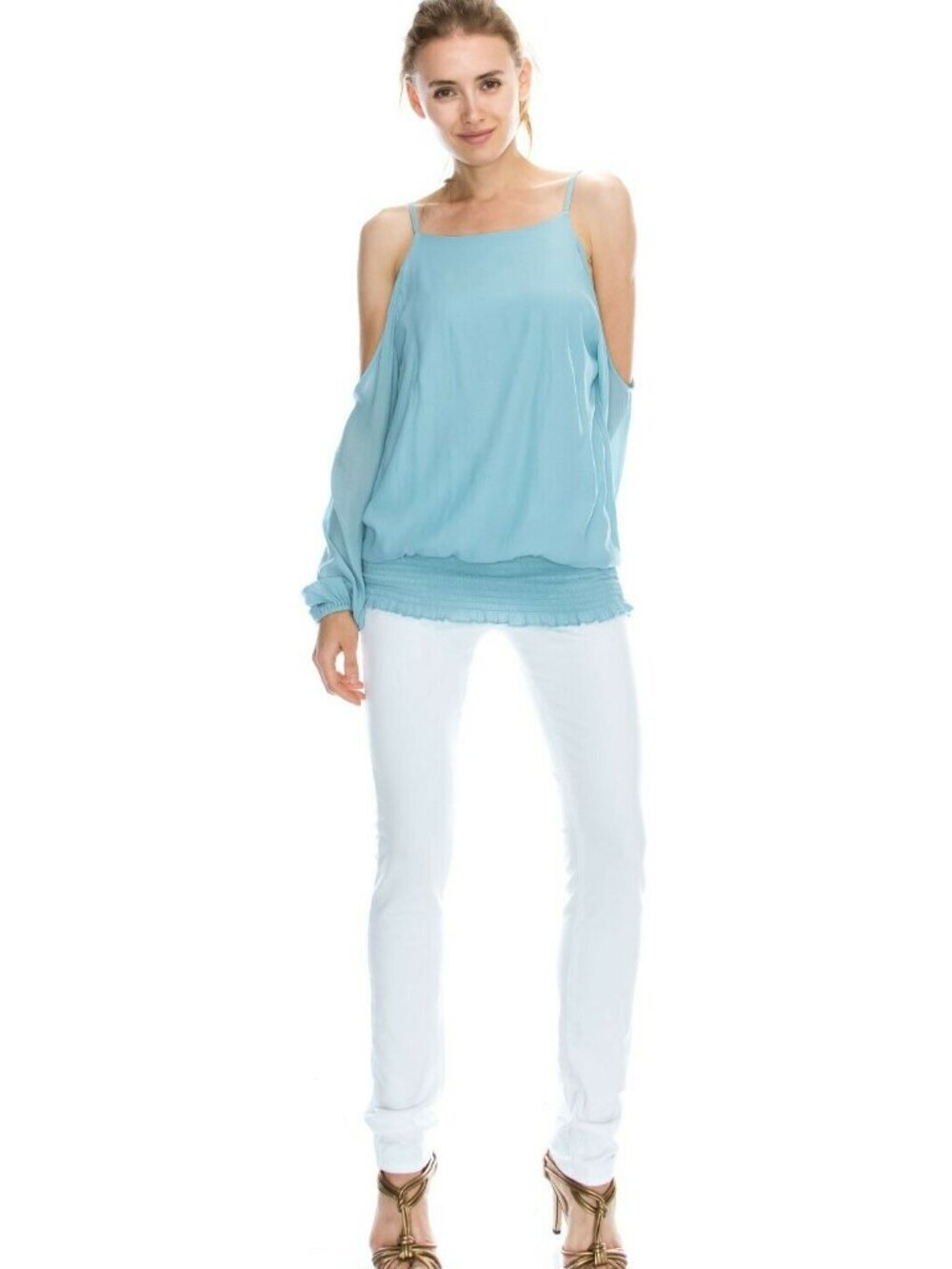 Mono B Women’s Blouse Cold Shoulder Blue Boho Chiffon Smocked S M L New